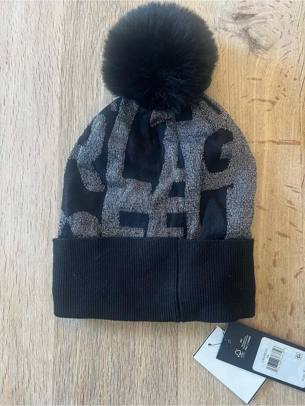 Karl Lagerfeld Paris Logo Knit Beanie Faux Fur Pom Pom Hat NWT Black Gray